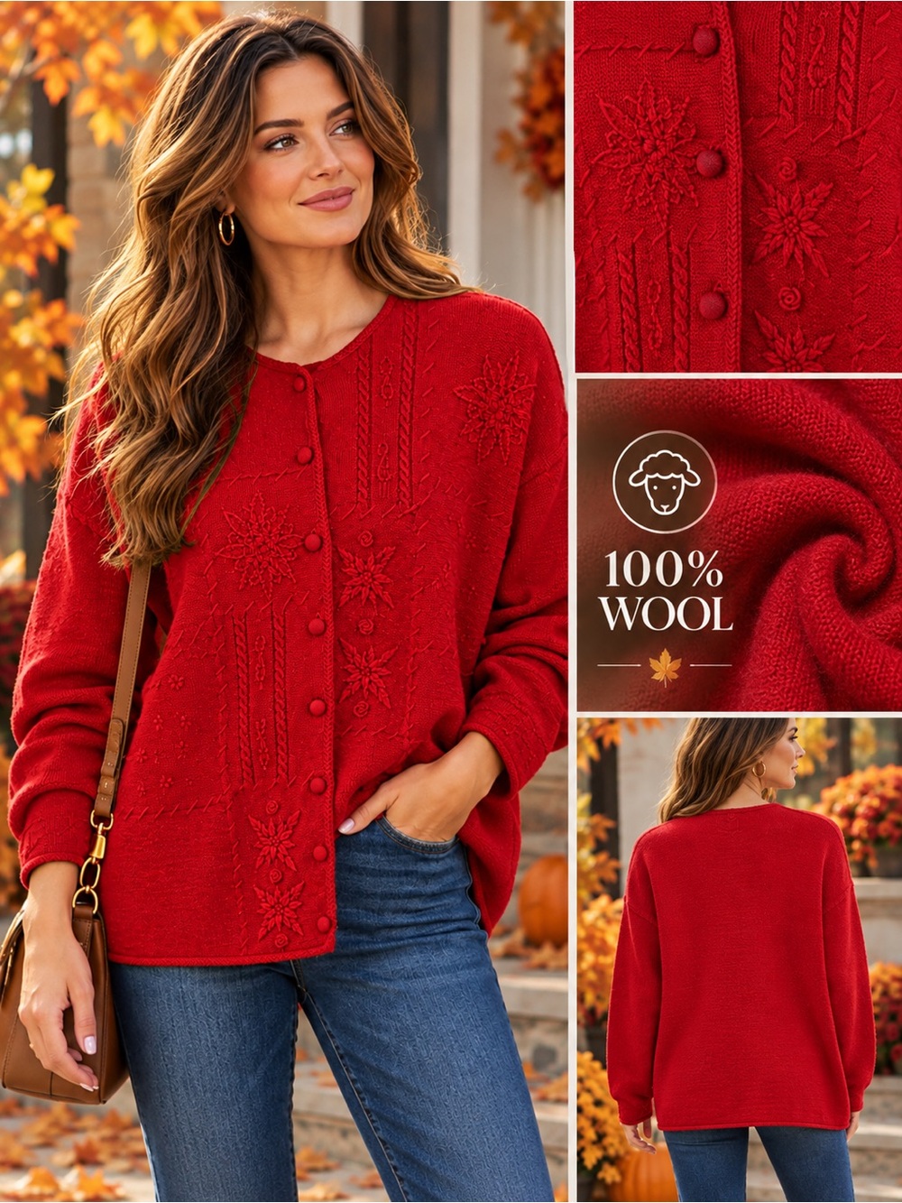 Koret Vintage Red 100% Wool Embroidered Cardigan Sweater 2X